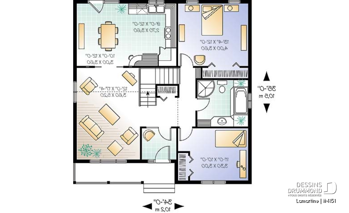 Rez-de-chaussée - Plan de petit bungalow abordable de 2 chambres avec plafond cathédrale, et style campagne - Lamartine