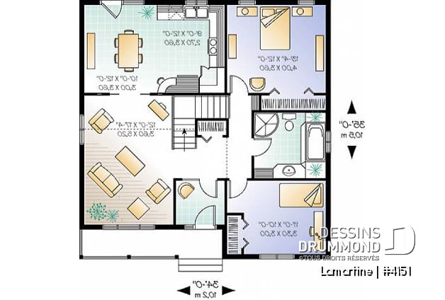 Rez-de-chaussée - Plan de petit bungalow abordable de 2 chambres avec plafond cathédrale, et style campagne - Lamartine