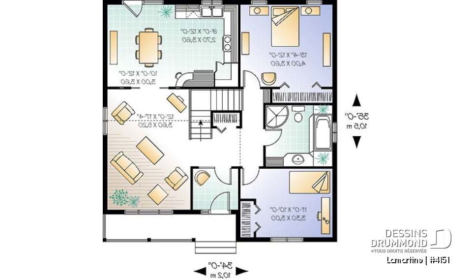 Rez-de-chaussée - Plan de petit bungalow abordable de 2 chambres avec plafond cathédrale, et style campagne - Lamartine