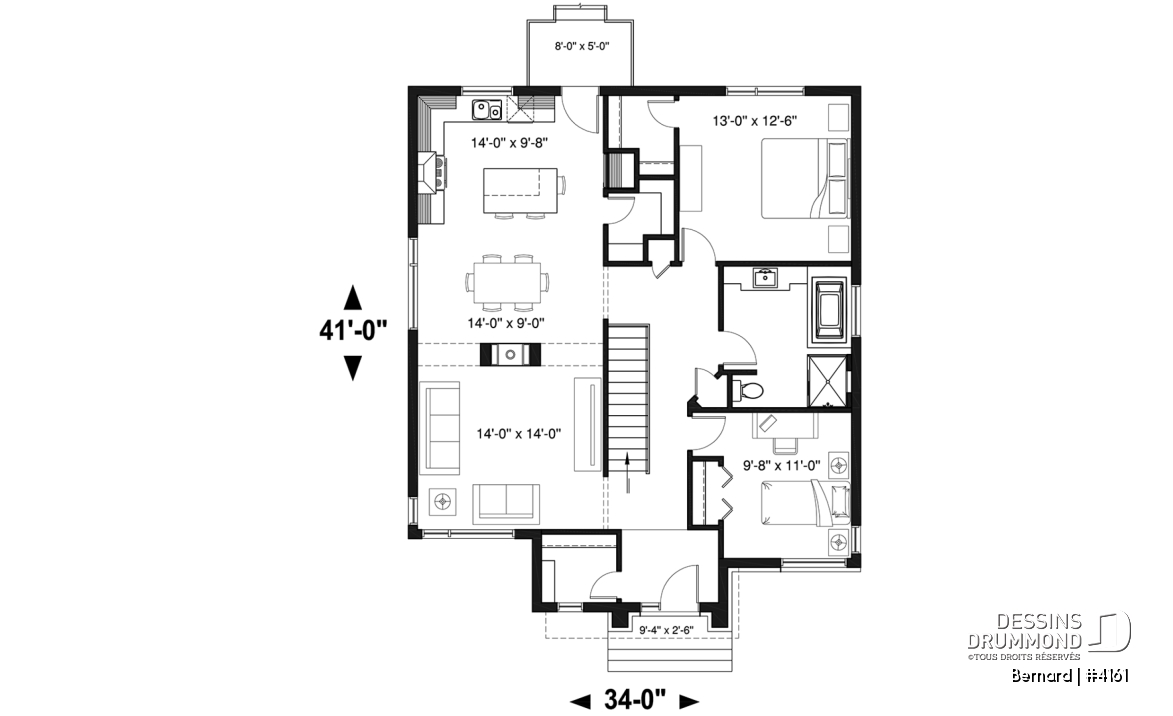 Rez-de-chaussée - Modèle de maison plain-pied avec foyer central, grande îlot à la cuisine et 2 chambres. - Bernard