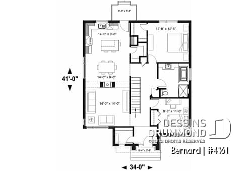 Rez-de-chaussée - Modèle de maison plain-pied avec foyer central, grande îlot à la cuisine et 2 chambres. - Bernard