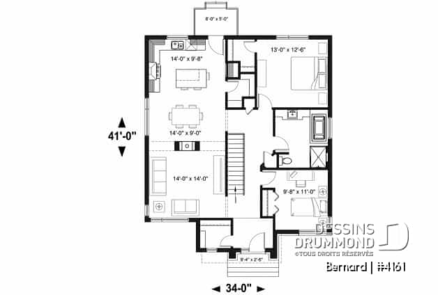 Rez-de-chaussée - Modèle de maison plain-pied avec foyer central, grande îlot à la cuisine et 2 chambres. - Bernard