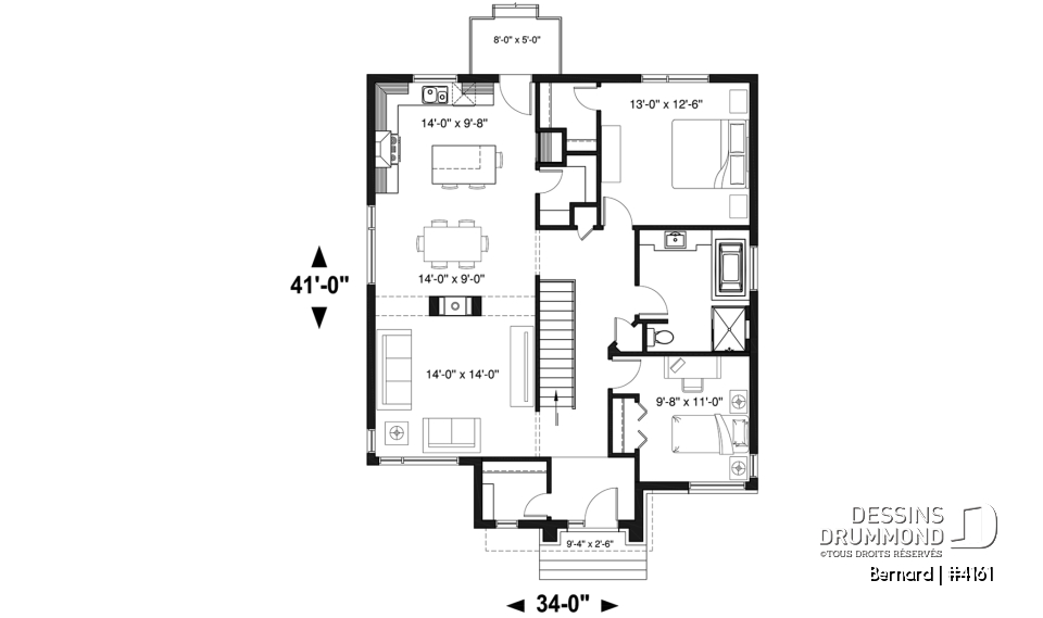 Rez-de-chaussée - Modèle de maison plain-pied avec foyer central, grande îlot à la cuisine et 2 chambres. - Bernard