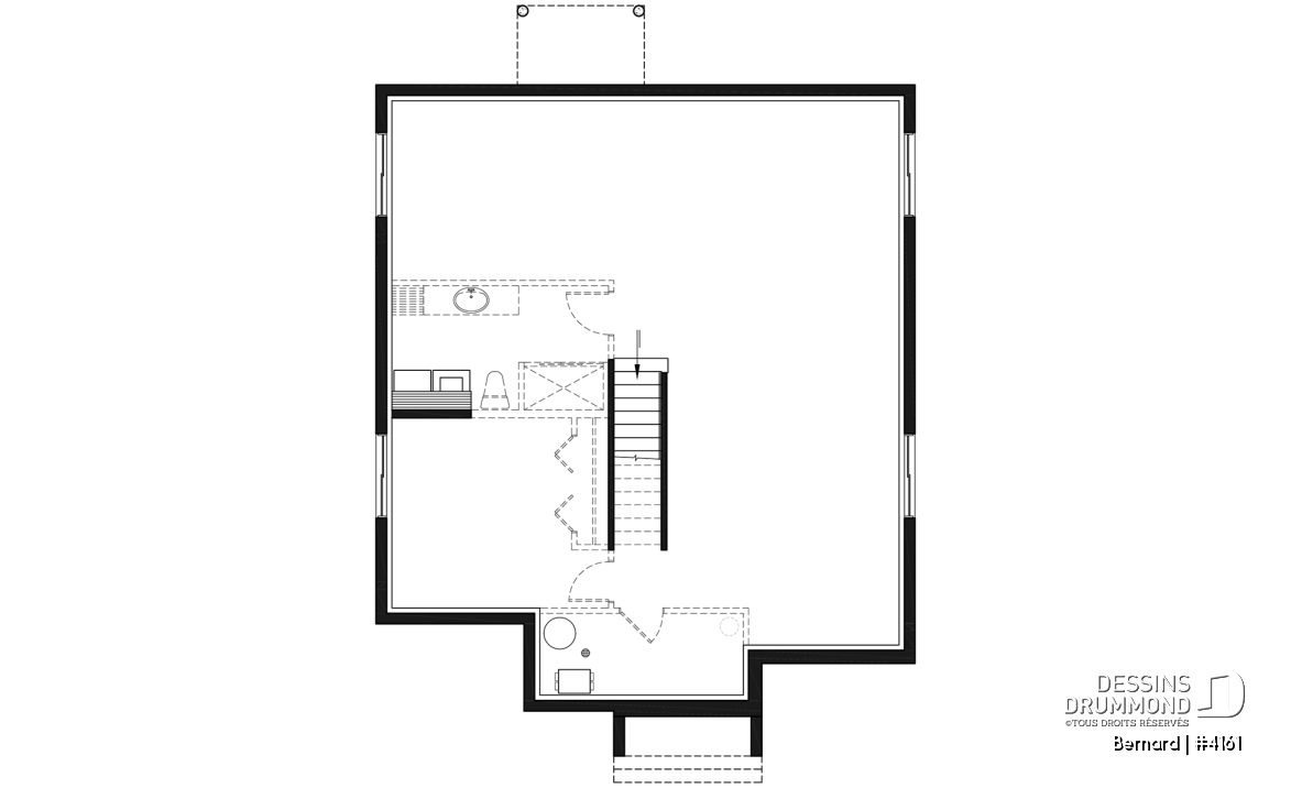 Sous-sol - Modèle de maison plain-pied avec foyer central, grande îlot à la cuisine et 2 chambres. - Bernard