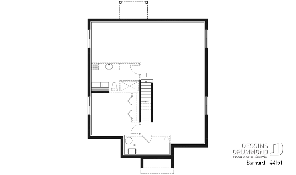 Sous-sol - Modèle de maison plain-pied avec foyer central, grande îlot à la cuisine et 2 chambres. - Bernard