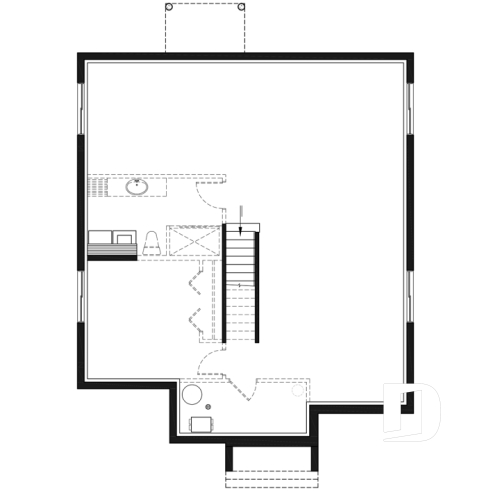 Sous-sol - Modèle de maison plain-pied avec foyer central, grande îlot à la cuisine et 2 chambres. - Bernard