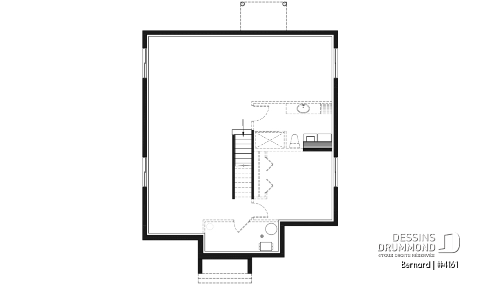 Sous-sol - Modèle de maison plain-pied avec foyer central, grande îlot à la cuisine et 2 chambres. - Bernard