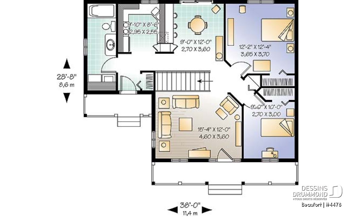 Rez-de-chaussée - Plain-pied populaire style ranch, plan de maison avec 2 entrées, 2 chambres et galerie arbitrée - Beaufort