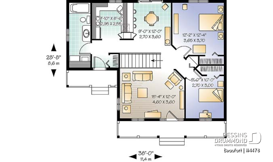 Rez-de-chaussée - Plain-pied populaire style ranch, plan de maison avec 2 entrées, 2 chambres et galerie arbitrée - Beaufort