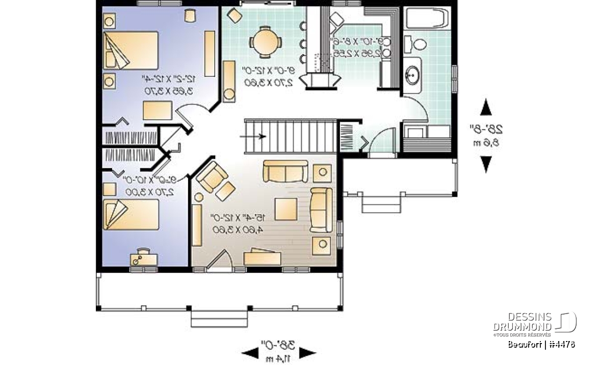 Rez-de-chaussée - Plain-pied populaire style ranch, plan de maison avec 2 entrées, 2 chambres et galerie arbitrée - Beaufort