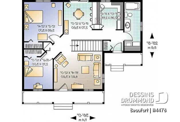 Rez-de-chaussée - Plain-pied populaire style ranch, plan de maison avec 2 entrées, 2 chambres et galerie arbitrée - Beaufort
