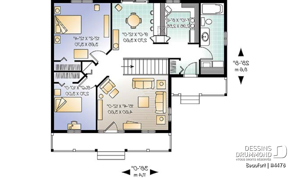 Rez-de-chaussée - Plain-pied populaire style ranch, plan de maison avec 2 entrées, 2 chambres et galerie arbitrée - Beaufort