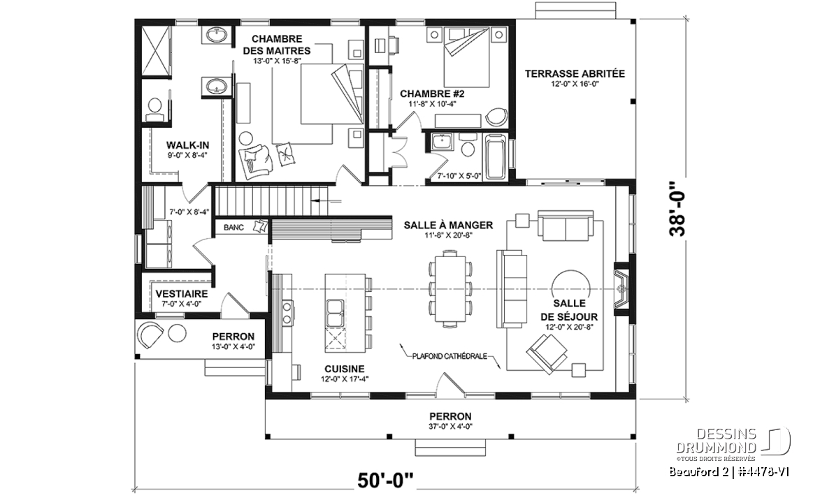 Rez-de-chaussée - Plan de plain-pied style Farmhouse avec terrasse arrière couverte et foyer central - Beauford 2