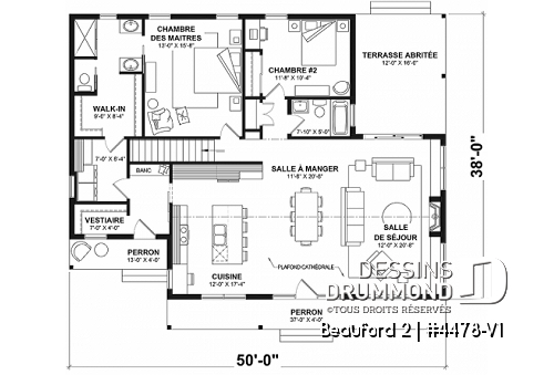 Rez-de-chaussée - Plan de plain-pied 2 chambres, 2 salles de bain, foyer, terrasse arrière abritée, îlot, aire ouverte - Beauford 2