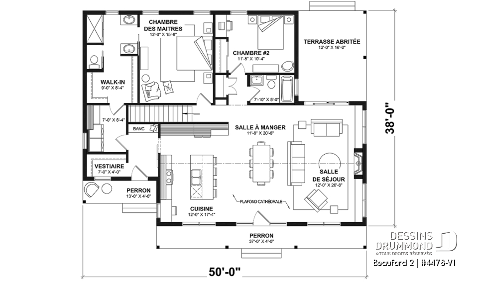Rez-de-chaussée - Plan de plain-pied style Farmhouse avec terrasse arrière couverte et foyer central - Beauford 2