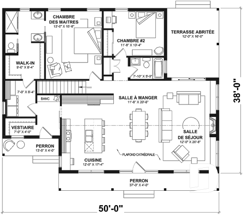 Rez-de-chaussée - Plan de plain-pied style Farmhouse avec terrasse arrière couverte et foyer central - Beauford 2