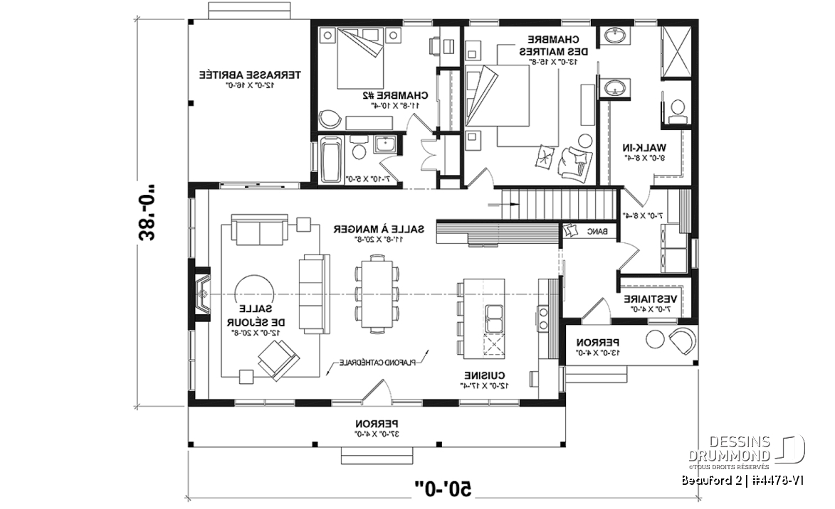 Rez-de-chaussée - Plan de plain-pied style Farmhouse avec terrasse arrière couverte et foyer central - Beauford 2