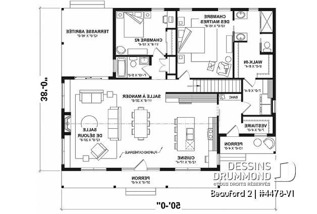 Rez-de-chaussée - Plan de plain-pied 2 chambres, 2 salles de bain, foyer, terrasse arrière abritée, îlot, aire ouverte - Beauford 2