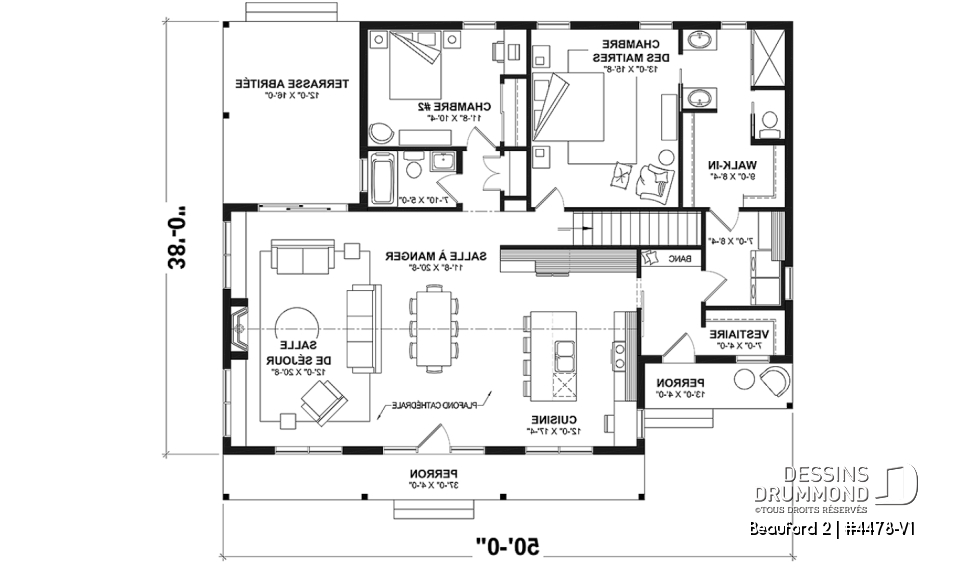 Rez-de-chaussée - Plan de plain-pied style Farmhouse avec terrasse arrière couverte et foyer central - Beauford 2