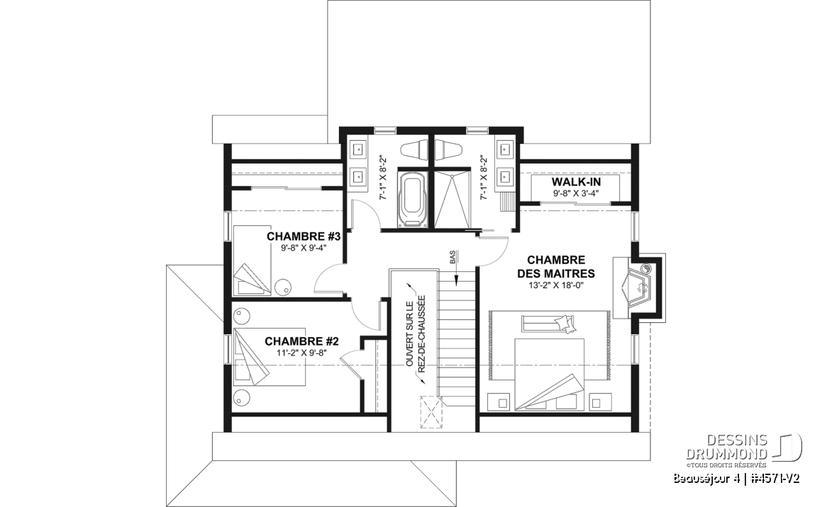 Étage - Plan de maison de campagne, 3 à 4 chambres, grande terrasse, sous-sol aménagé optionnel  - Beauséjour 4