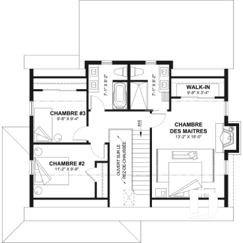 Étage - Plan de maison de campagne, 3 à 4 chambres, grande terrasse, sous-sol aménagé optionnel  - Beauséjour 4