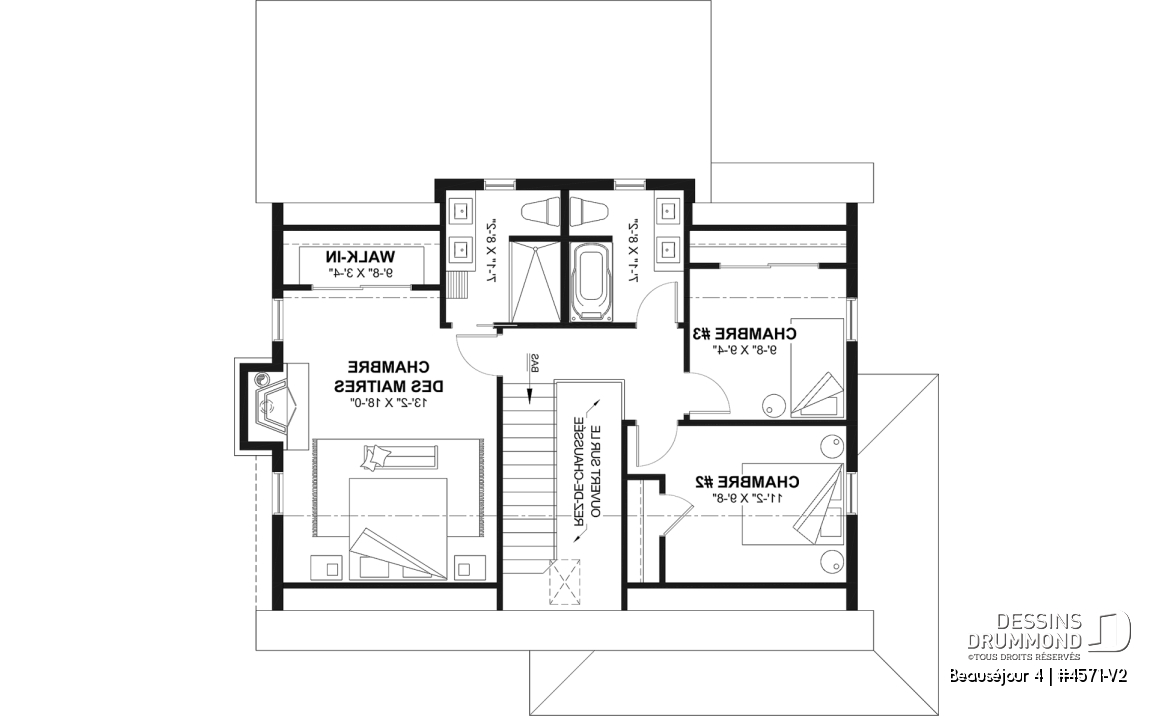 Étage - Plan de maison de campagne, 3 à 4 chambres, grande terrasse, sous-sol aménagé optionnel  - Beauséjour 4