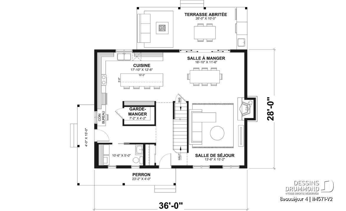 Rez-de-chaussée - Plan de maison de campagne, 3 à 4 chambres, grande terrasse, sous-sol aménagé optionnel  - Beauséjour 4