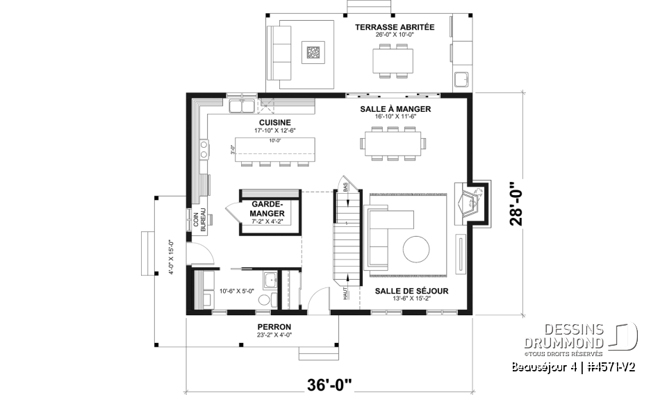 Rez-de-chaussée - Plan de maison de campagne, 3 à 4 chambres, grande terrasse, sous-sol aménagé optionnel  - Beauséjour 4