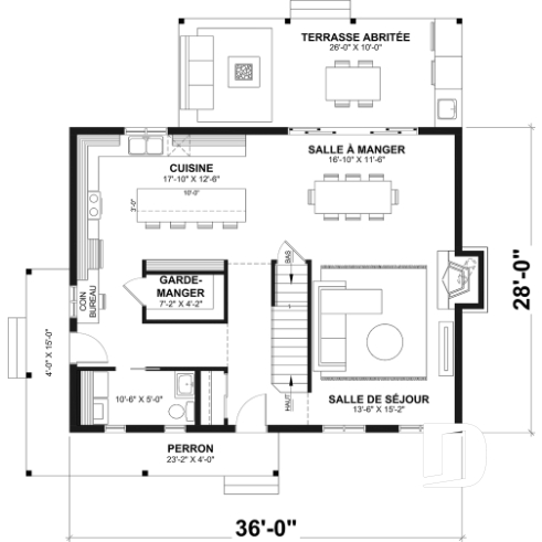 Rez-de-chaussée - Plan de maison de campagne, 3 à 4 chambres, grande terrasse, sous-sol aménagé optionnel  - Beauséjour 4
