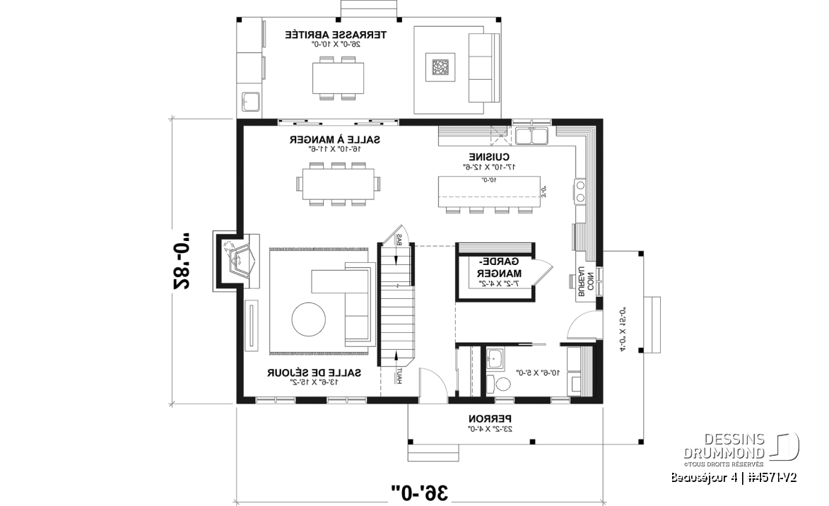 Rez-de-chaussée - Plan de maison de campagne, 3 à 4 chambres, grande terrasse, sous-sol aménagé optionnel  - Beauséjour 4