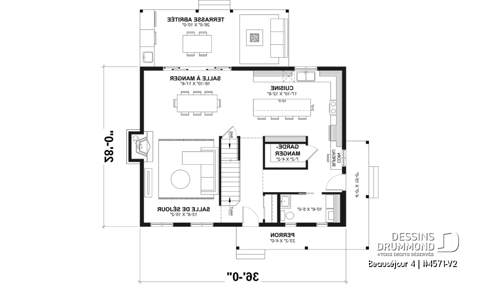 Rez-de-chaussée - Plan de maison de campagne, 3 à 4 chambres, grande terrasse, sous-sol aménagé optionnel  - Beauséjour 4