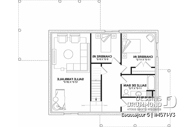 Sous-sol aménagé (Optionel $) du plan de maison unifamiliale 4571-V3 Sous-sol aménagé (Optionel $) - Farmhouse avec sous-sol fini (optionnel $), 2 à 5 chambres et 2 salles de séjour, parfaite pour familles - Beauséjour 5