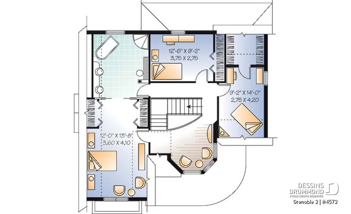 Étage - Plan de maison d'inspiration victorienne avec tourelle, 3 chambres, bureau, coin déjeuner - Grenoble 2