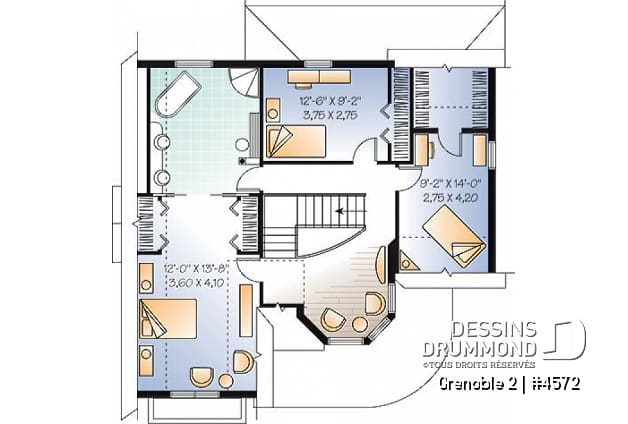 Étage - Plan de maison d'inspiration victorienne avec tourelle, 3 chambres, bureau, coin déjeuner - Grenoble 2