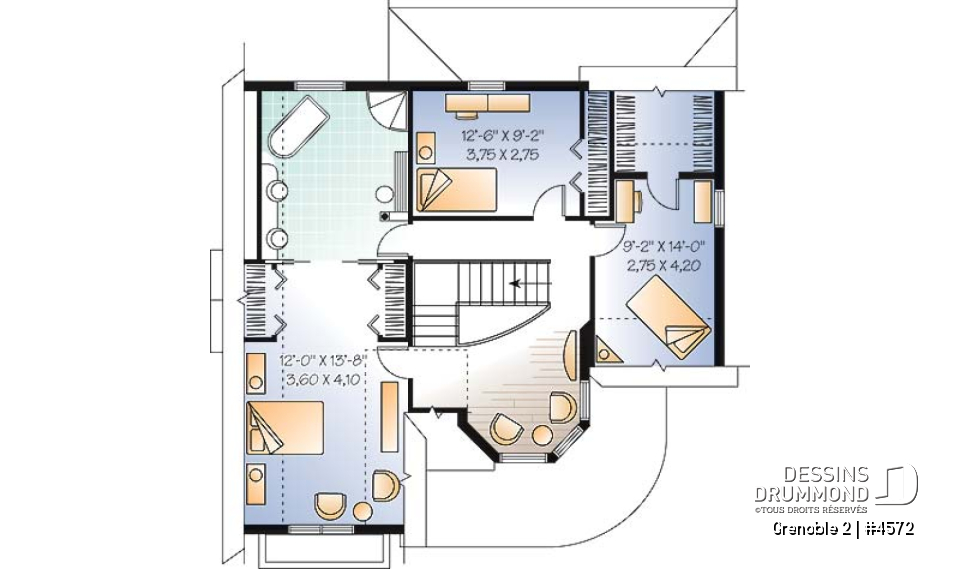 Étage - Plan de maison d'inspiration victorienne avec tourelle, 3 chambres, bureau, coin déjeuner - Grenoble 2