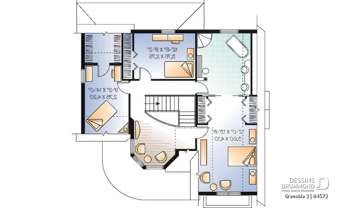 Étage - Plan de maison d'inspiration victorienne avec tourelle, 3 chambres, bureau, coin déjeuner - Grenoble 2