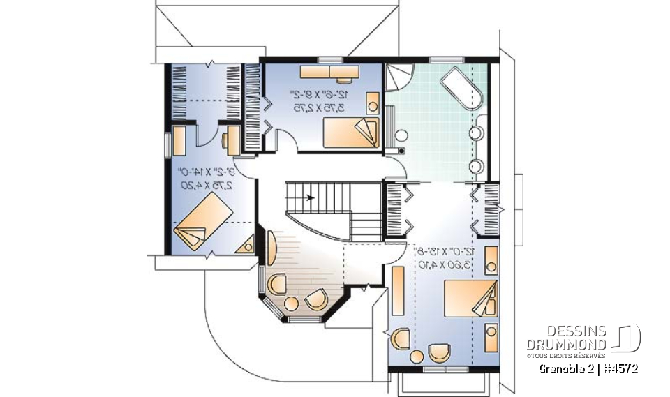Étage - Plan de maison d'inspiration victorienne avec tourelle, 3 chambres, bureau, coin déjeuner - Grenoble 2
