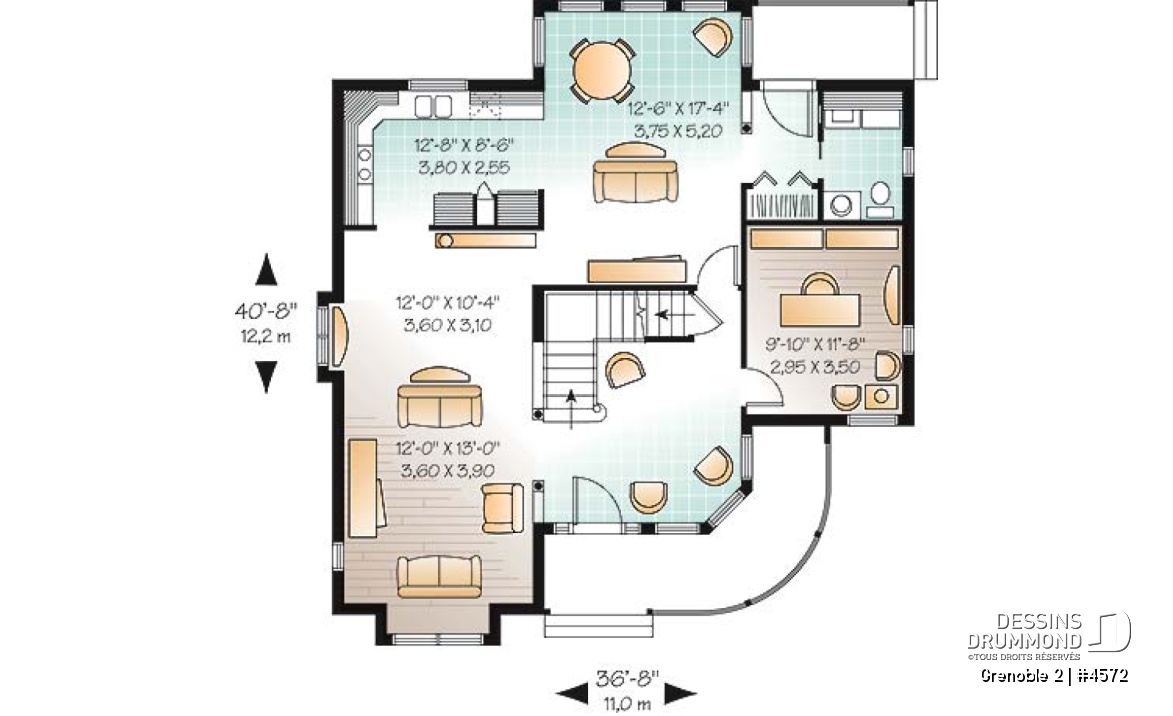 Rez-de-chaussée - Plan de maison d'inspiration victorienne avec tourelle, 3 chambres, bureau, coin déjeuner - Grenoble 2
