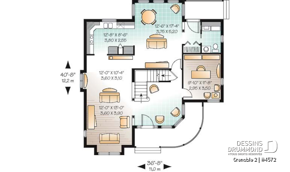 Rez-de-chaussée - Plan de maison d'inspiration victorienne avec tourelle, 3 chambres, bureau, coin déjeuner - Grenoble 2
