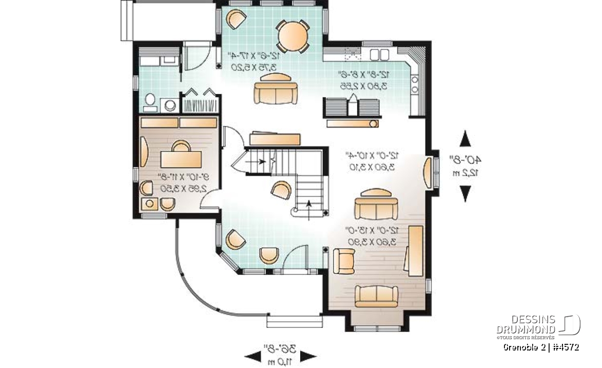 Rez-de-chaussée - Plan de maison d'inspiration victorienne avec tourelle, 3 chambres, bureau, coin déjeuner - Grenoble 2
