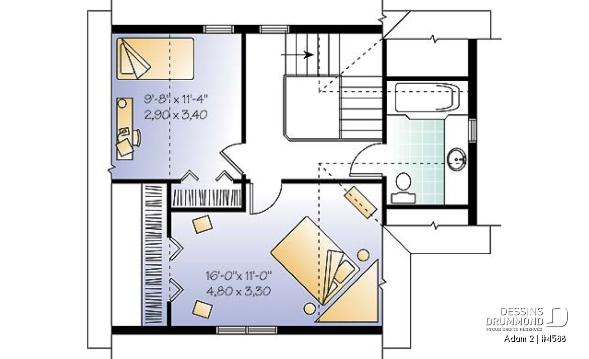 Étage - Plan de style fermette 2 étages, 2 chambres, coin ordinateur, espace ouvert, buanderie r-d-c, îlot - Adam 2