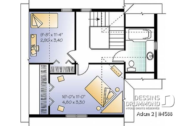 Étage - Plan de style fermette 2 étages, 2 chambres, coin ordinateur, espace ouvert, buanderie r-d-c, îlot - Adam 2