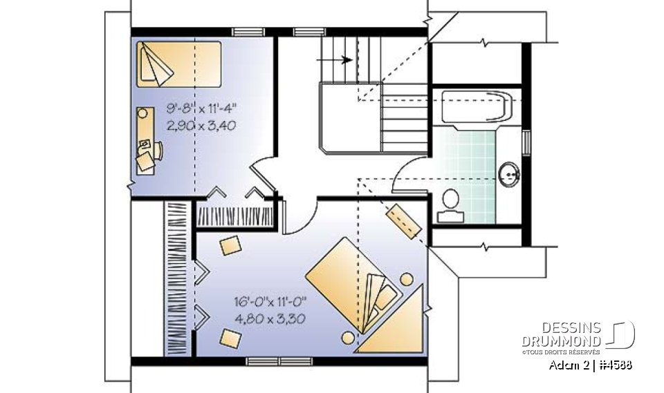 Étage - Plan de style fermette 2 étages, 2 chambres, coin ordinateur, espace ouvert, buanderie r-d-c, îlot - Adam 2