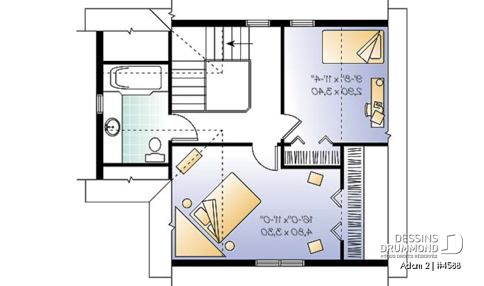 Étage - Plan de style fermette 2 étages, 2 chambres, coin ordinateur, espace ouvert, buanderie r-d-c, îlot - Adam 2