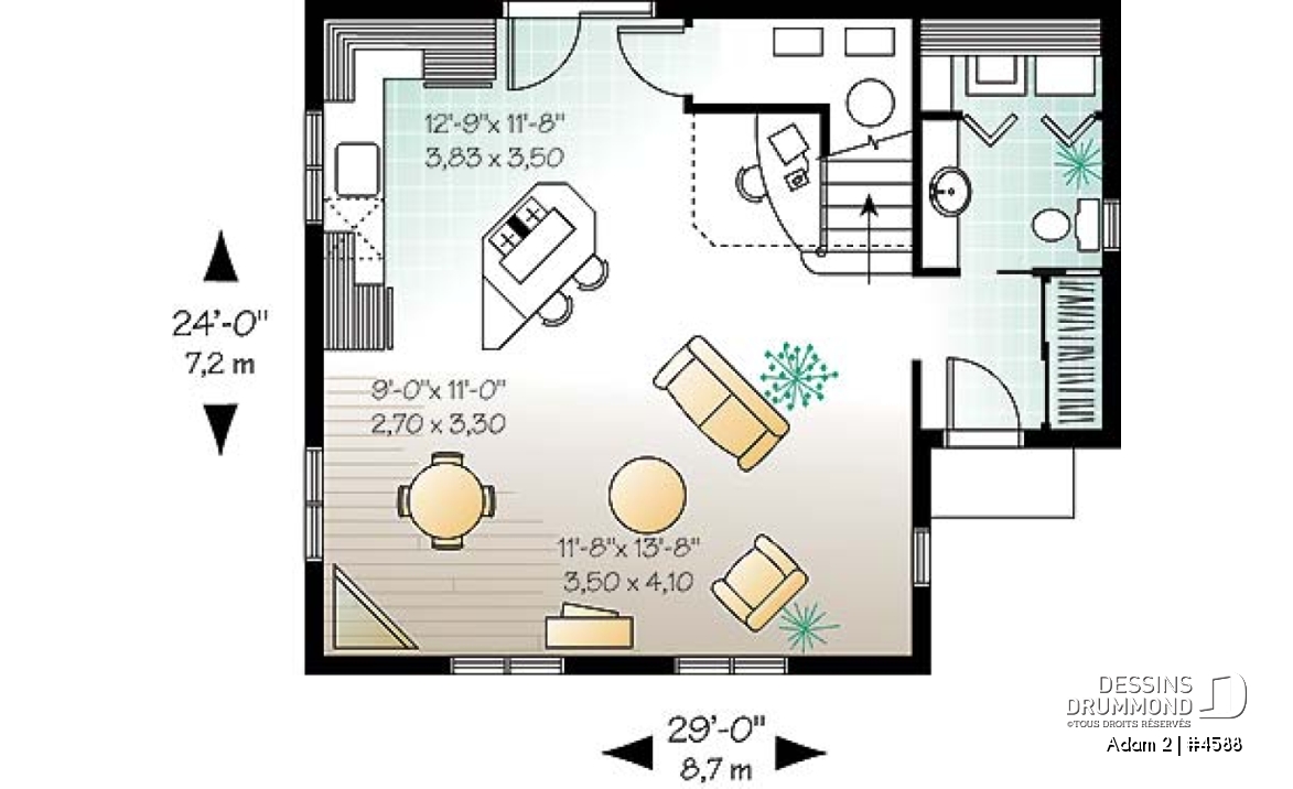 Rez-de-chaussée - Plan de style fermette 2 étages, 2 chambres, coin ordinateur, espace ouvert, buanderie r-d-c, îlot - Adam 2