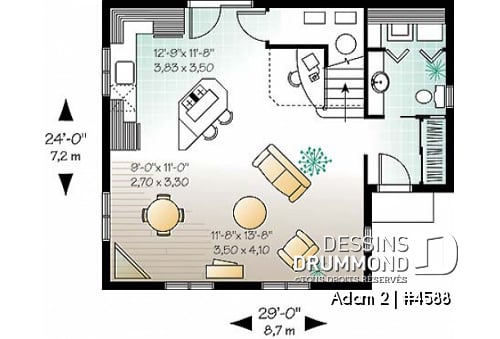 Rez-de-chaussée - Plan de style fermette 2 étages, 2 chambres, coin ordinateur, espace ouvert, buanderie r-d-c, îlot - Adam 2