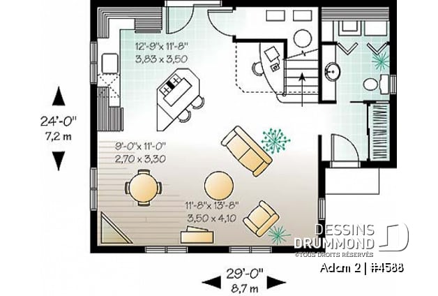 Rez-de-chaussée - Plan de style fermette 2 étages, 2 chambres, coin ordinateur, espace ouvert, buanderie r-d-c, îlot - Adam 2
