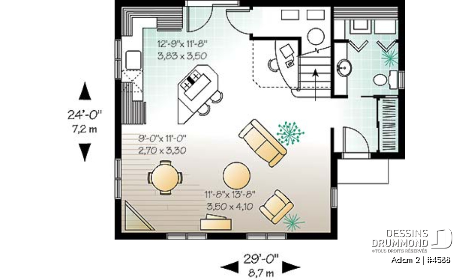 Rez-de-chaussée - Plan de style fermette 2 étages, 2 chambres, coin ordinateur, espace ouvert, buanderie r-d-c, îlot - Adam 2
