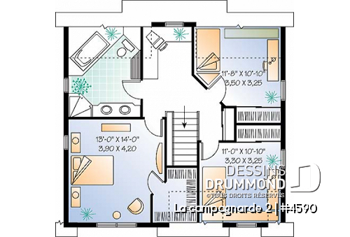 Étage - Plan de maison style fermette de campagne, beau balcon abrité, 3 chambres, cuisine avec îlot, bureau - La campagnarde 2