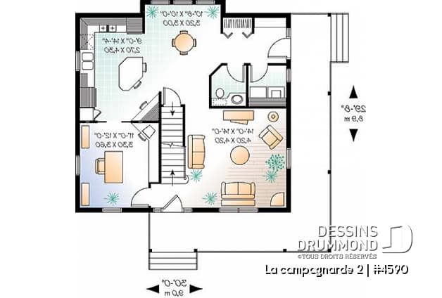 Rez-de-chaussée - Plan de maison style fermette de campagne, beau balcon abrité, 3 chambres, cuisine avec îlot, bureau - La campagnarde 2